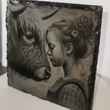 Highland Cow and Girl Slate Coaster, Square 100mm, Cows, Nature