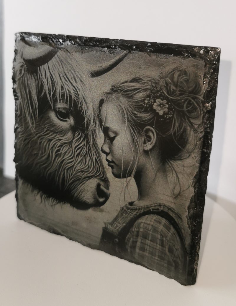 Highland Cow and Girl Slate Coaster, Square 100mm, Cows, Nature