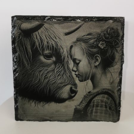 Highland Cow and Girl Slate Coaster, Square 100mm, Cows, Nature