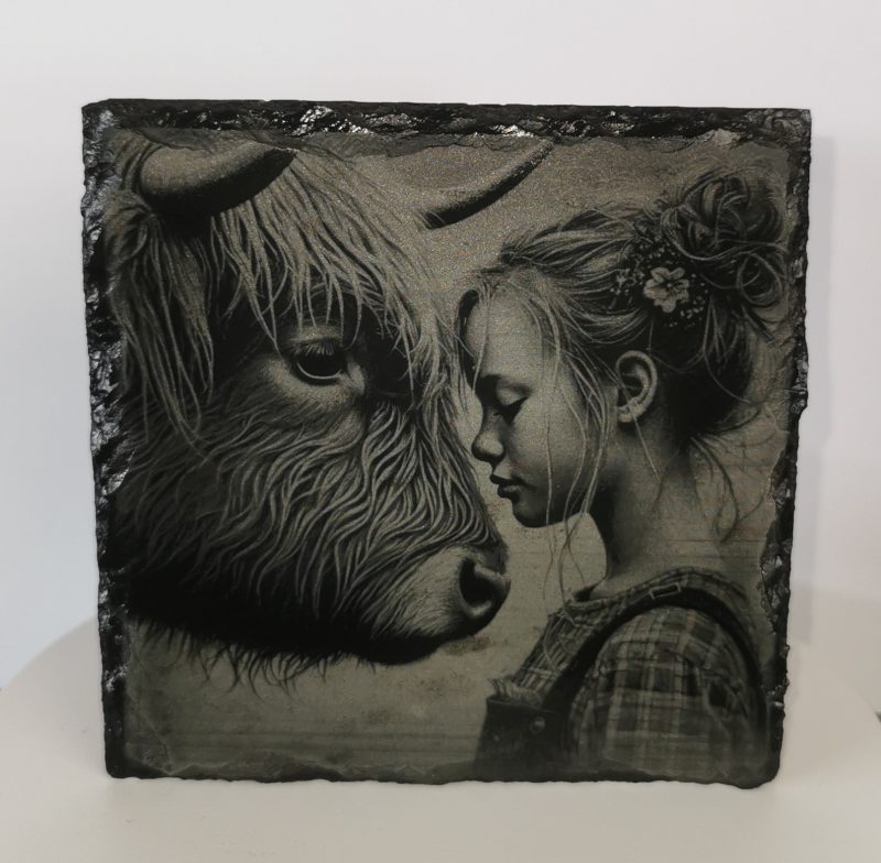 Highland Cow and Girl Slate Coaster, Square 100mm, Cows, Nature
