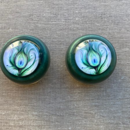 Pair of drawer knobs, green peacock feather design
