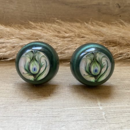 Pair of drawer knobs, green peacock feather design
