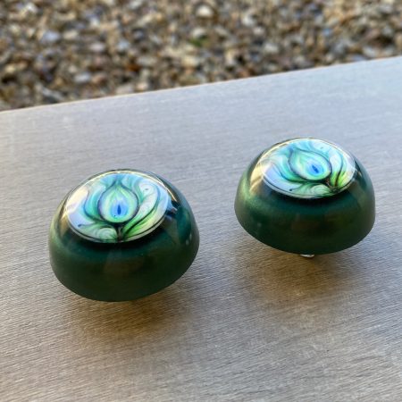 Pair of drawer knobs, green peacock feather design