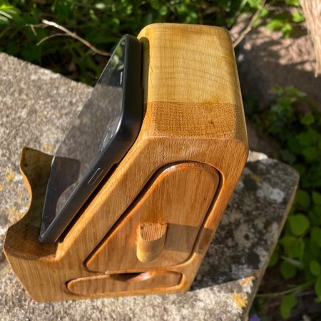 Handcrafted Wooden Phone Stand with Drawers - American Oak and Tulipwood Desk Smartphone Holder