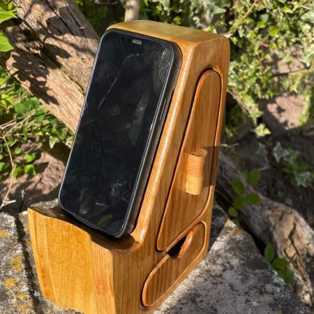 Handcrafted Wooden Phone Stand with Drawers - American Oak and Tulipwood Desk Smartphone Holder