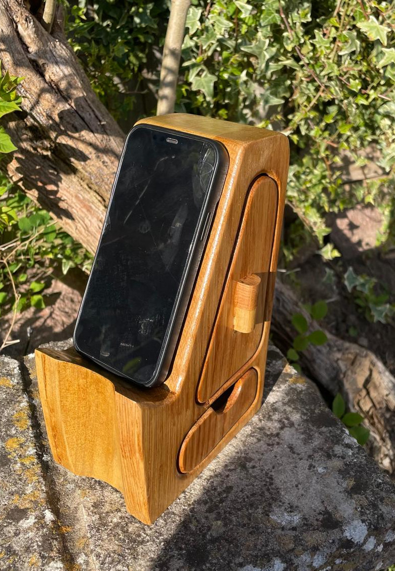 Handcrafted Wooden Phone Stand with Drawers - American Oak and Tulipwood Desk Smartphone Holder