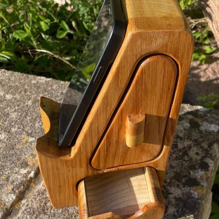 Handcrafted Wooden Phone Stand with Drawers - American Oak and Tulipwood Desk Smartphone Holder