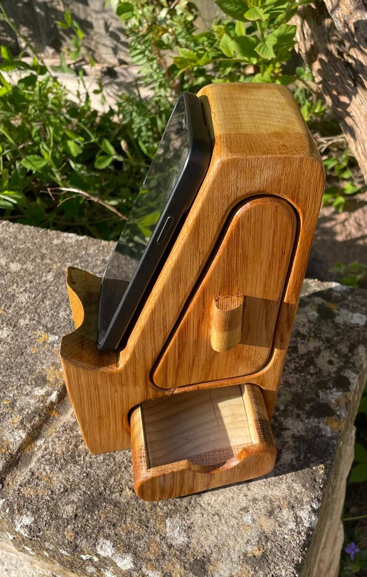 Handcrafted Wooden Phone Stand with Drawers - American Oak and Tulipwood Desk Smartphone Holder