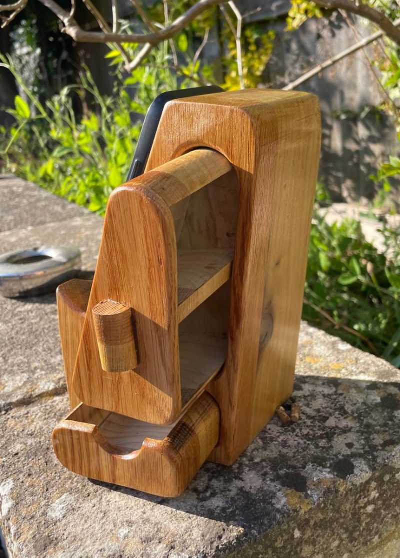 Handcrafted Wooden Phone Stand with Drawers - American Oak and Tulipwood Desk Smartphone Holder