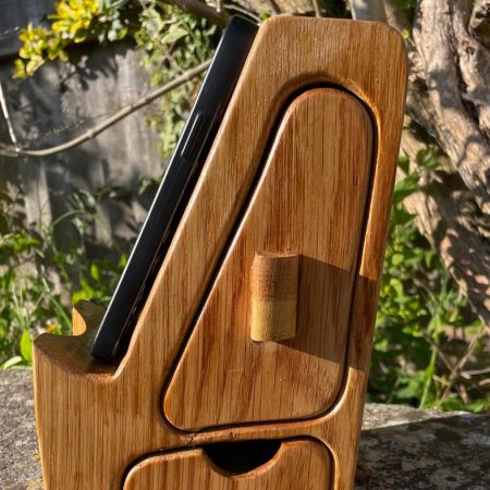 Handcrafted Wooden Phone Stand with Drawers - American Oak and Tulipwood Desk Smartphone Holder