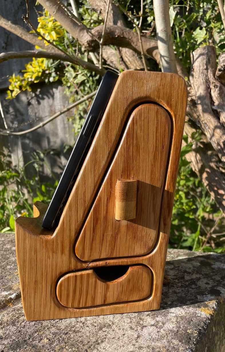 Handcrafted Wooden Phone Stand with Drawers - American Oak and Tulipwood Desk Smartphone Holder