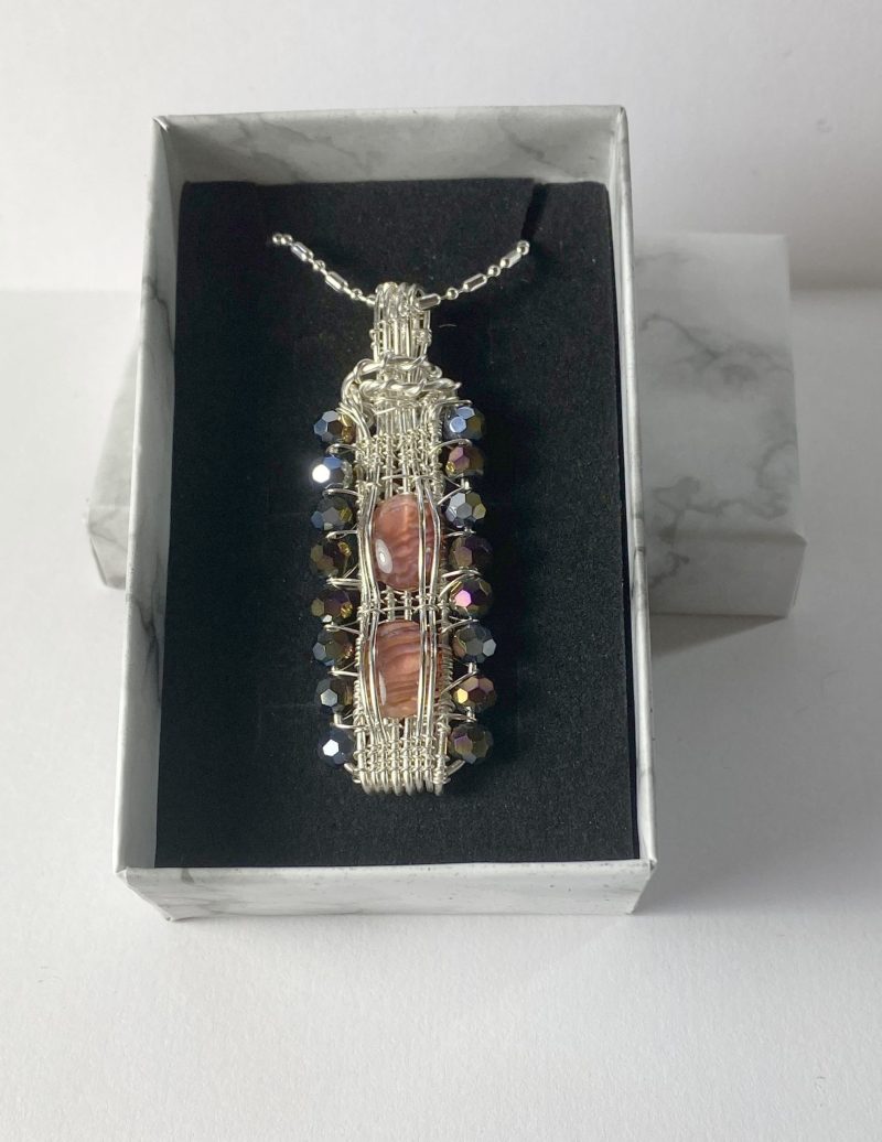Unique wire-wrapped pendant with abalone shell and crystals