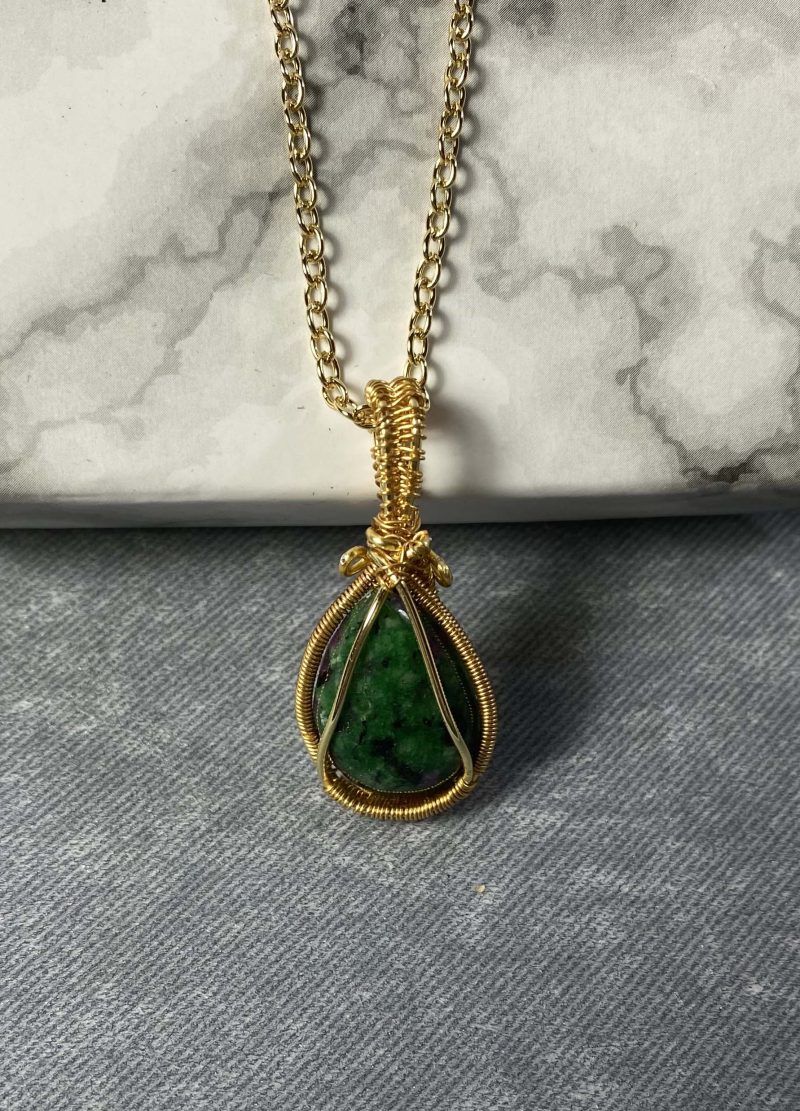 Gorgeous small ruby in zoisite wire-wrapped pendant
