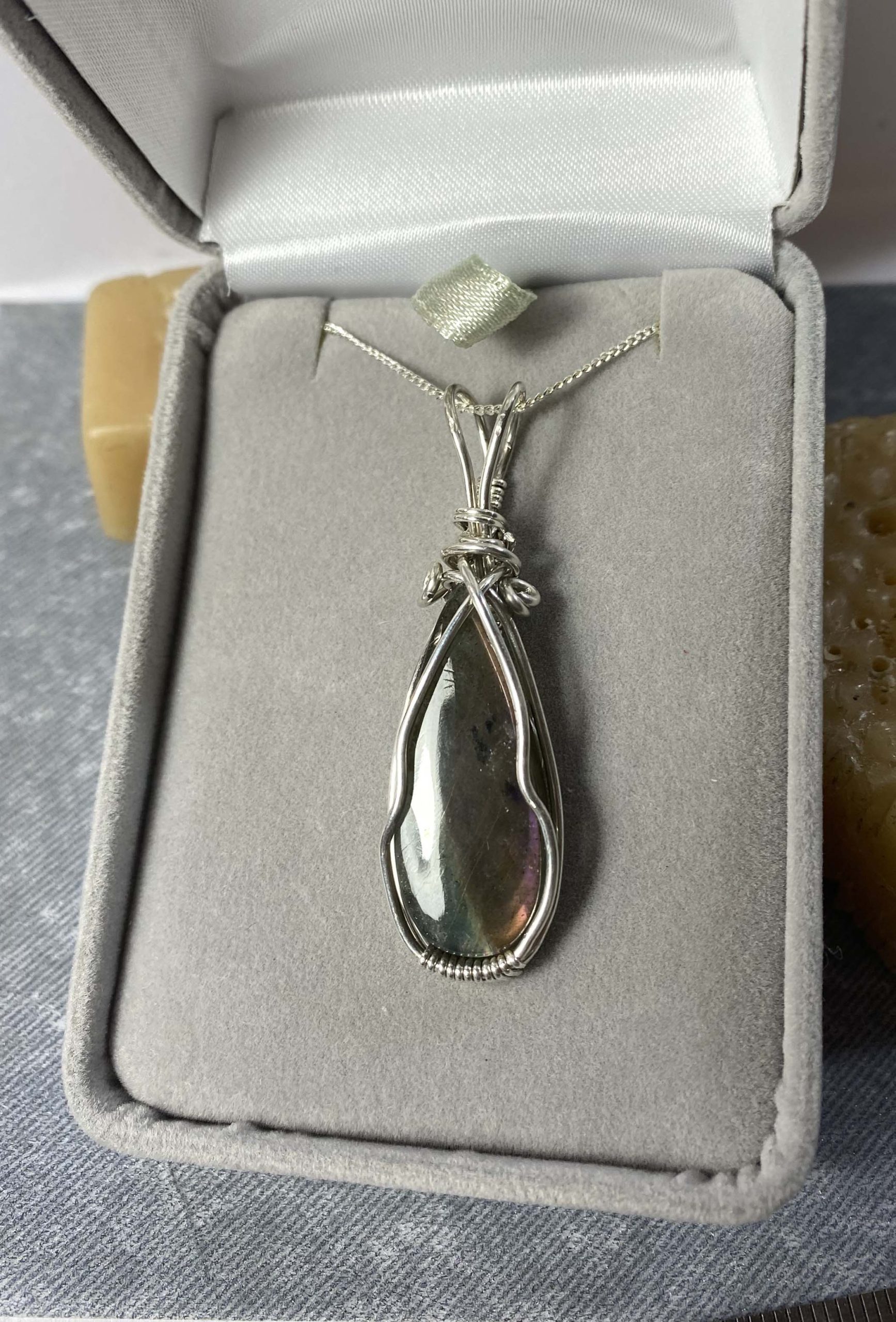 Beautiful flashy labradorite wrapped in sterling silver wire, pendant