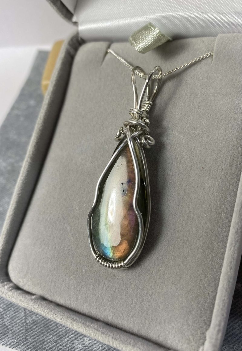 Beautiful flashy labradorite wrapped in sterling silver wire, pendant