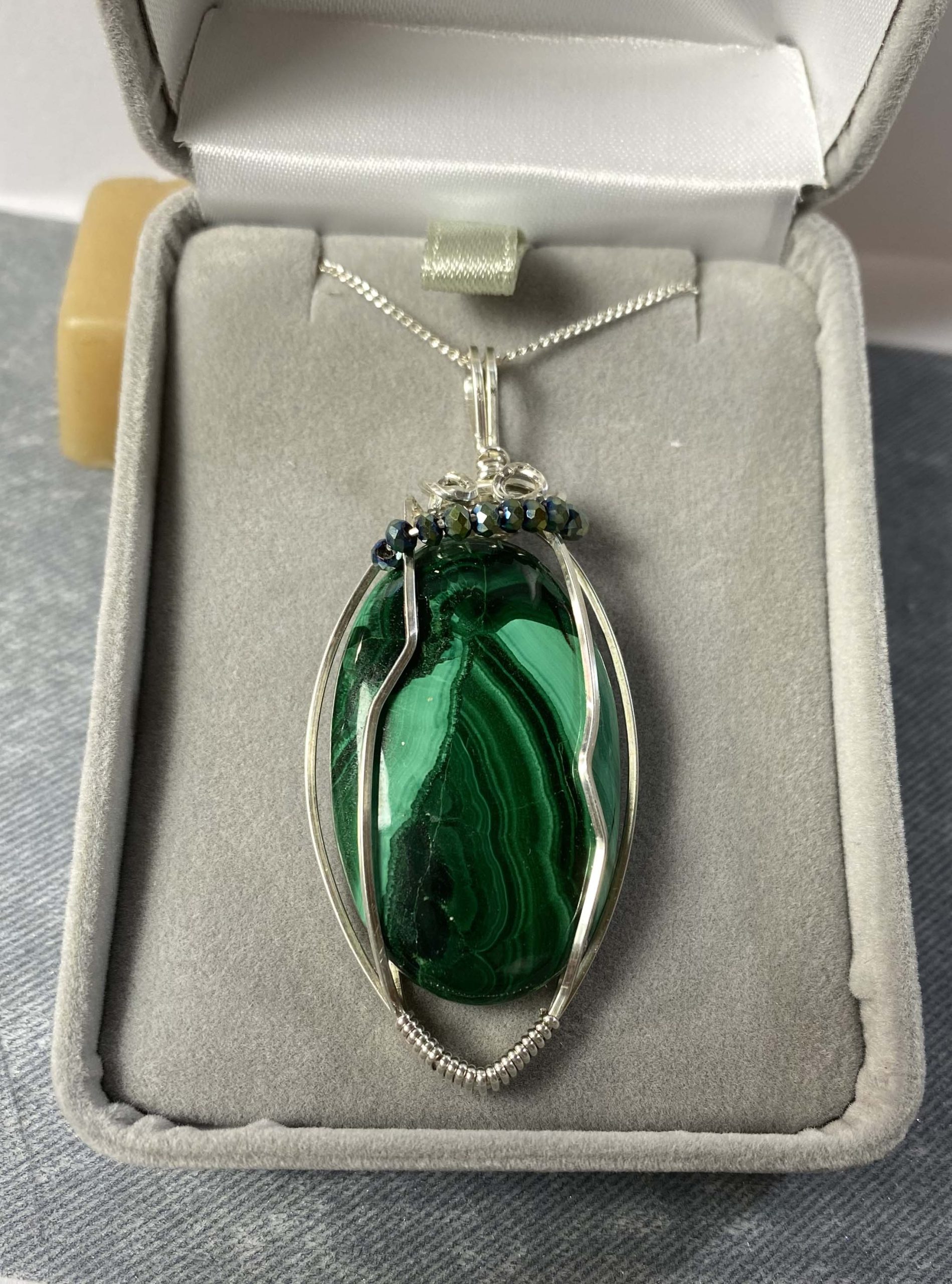 Stunning large malachite wrapped in sterling silver wire, pendant