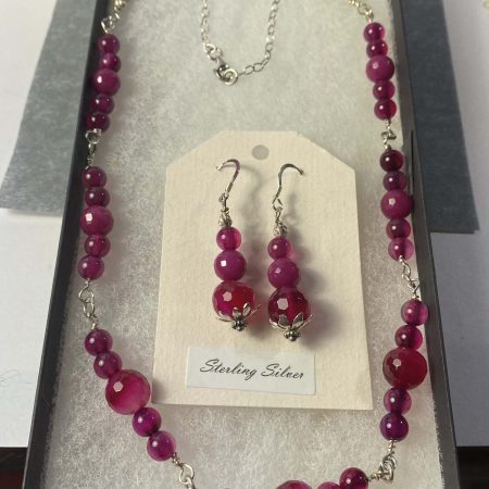 Summery deep pink agate necklace and earrings set in sterling silver