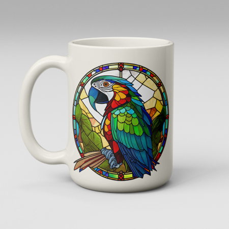 Macaw Parrot Stained Glass Mug – Colorful Tropical Bird Coffee Cup – 11oz & 15oz – Free Shipping