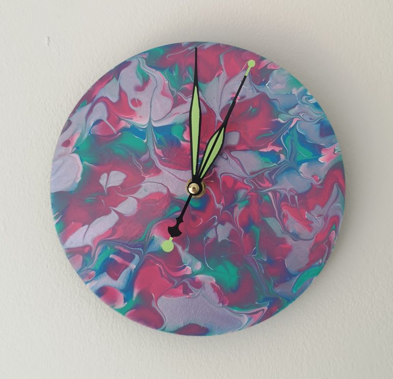 Silver,Teal,Pink Fluid Art Wall Clock Silent non-ticking,Luminescent Hands, Varnished Coated.
