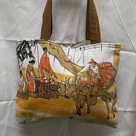 Handmade tote bag, soft feel, front picture in summery colours