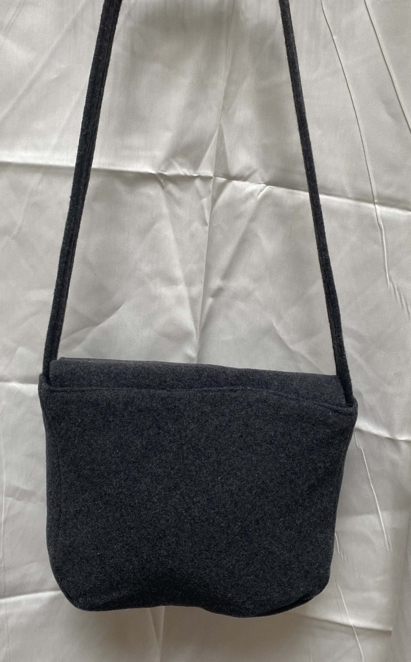Handmade shoulder bag, pure wool with hand beaded motif on flap
