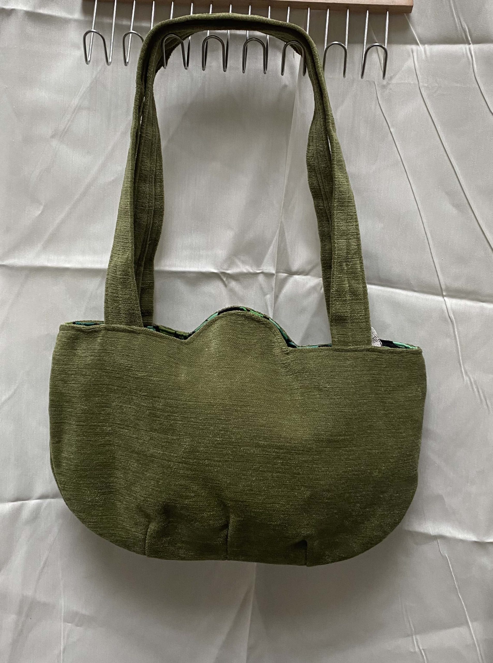 Hand made bag, soft feel, green velvety fabric