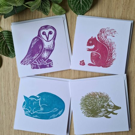 Set of 4 woodland design notecards handprinted