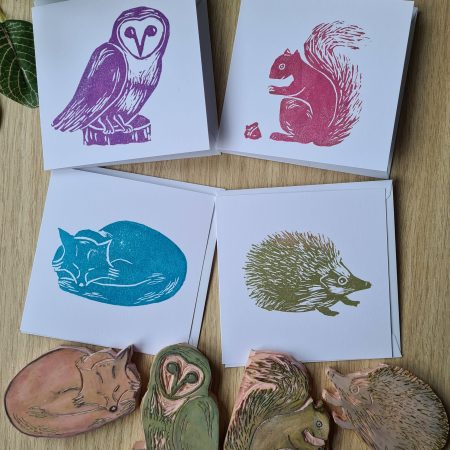 Set of 4 woodland design notecards handprinted