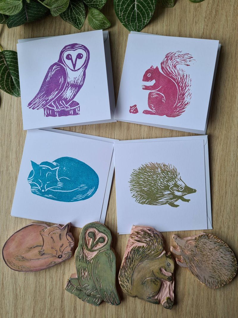 Set of 4 woodland design notecards handprinted