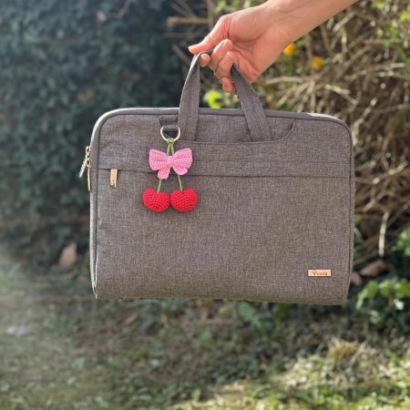 Handmade Crochet Cherry Keychain – Heart-Shaped Red Cherries with Pink Bow Cute Bag Charm & Backpack