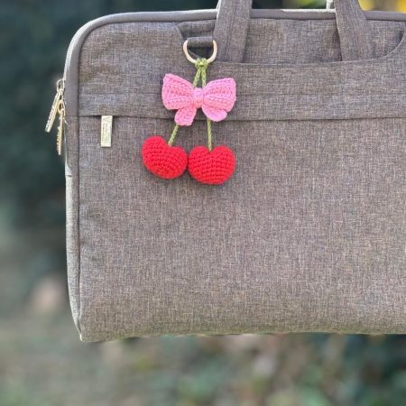 Handmade Crochet Cherry Keychain – Heart-Shaped Red Cherries with Pink Bow Cute Bag Charm & Backpack