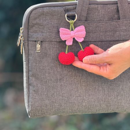 Handmade Crochet Cherry Keychain – Heart-Shaped Red Cherries with Pink Bow Cute Bag Charm & Backpack