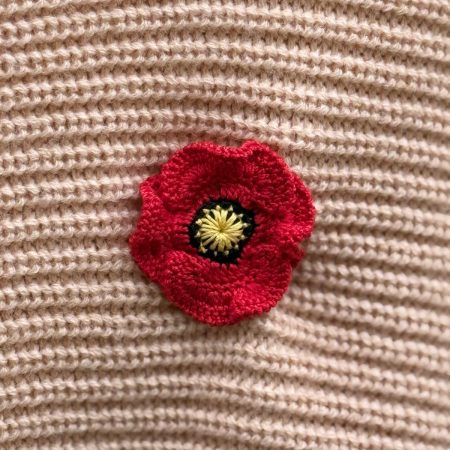 Handmade Crochet Poppy Brooch – Elegant Red Flower Pin with Black Centre Unique Floral Accessory