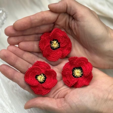 Handmade Crochet Poppy Brooch – Elegant Red Flower Pin with Black Centre Unique Floral Accessory