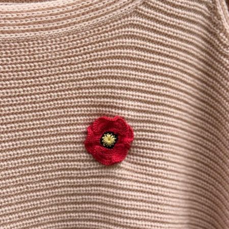 Handmade Crochet Poppy Brooch – Elegant Red Flower Pin with Black Centre Unique Floral Accessory