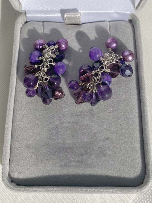 Beautiful sterling silver cluster earrings with pearl, amethyst and crystal