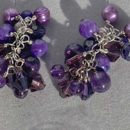 Beautiful sterling silver cluster earrings with pearl, amethyst and crystal