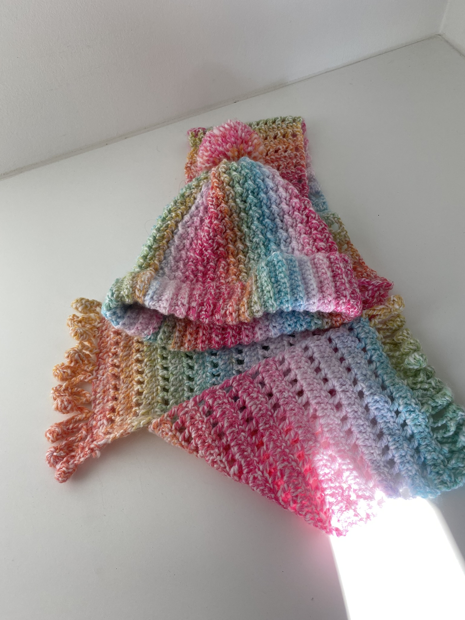 Hand crocheted kids scarf and hat set