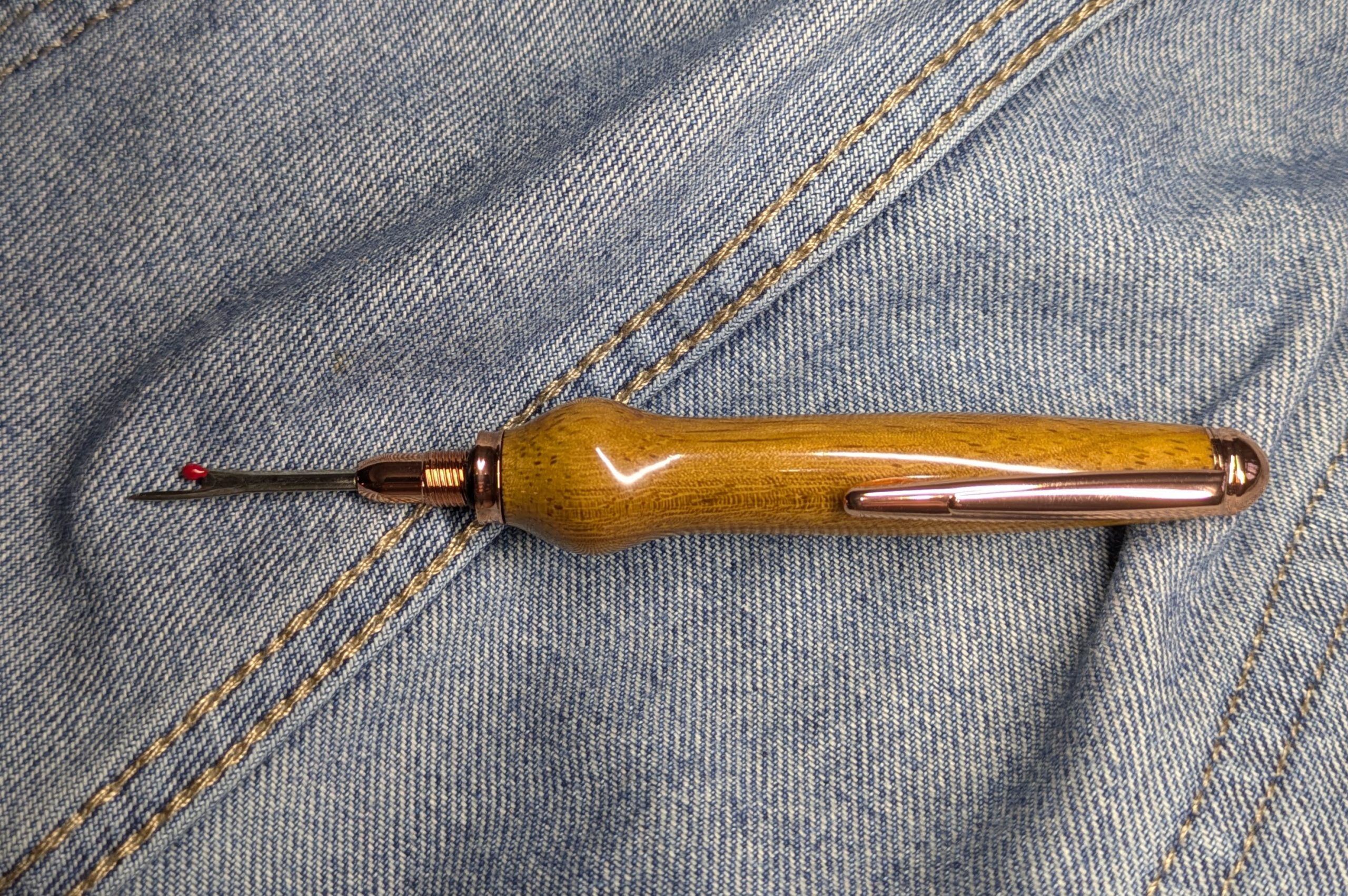 Seam ripper-unpicker made from Iroko with rose gold fittings