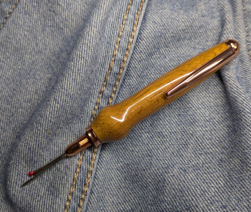 Seam ripper-unpicker made from Iroko with rose gold fittings