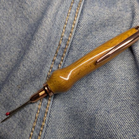 Seam ripper-unpicker made from Iroko with rose gold fittings