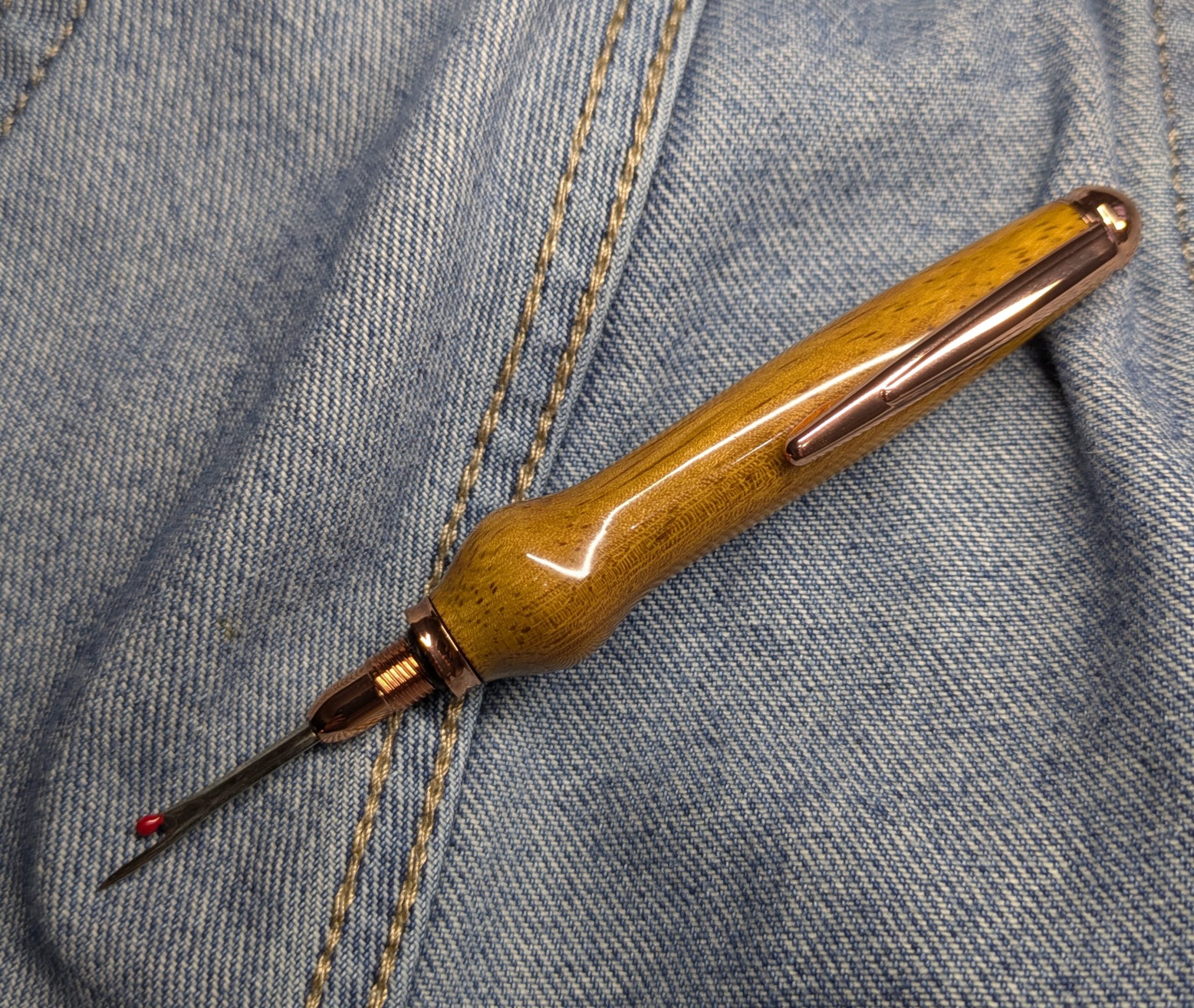 Seam ripper-unpicker made from Iroko with rose gold fittings