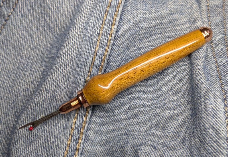 Seam ripper-unpicker made from Iroko with rose gold fittings