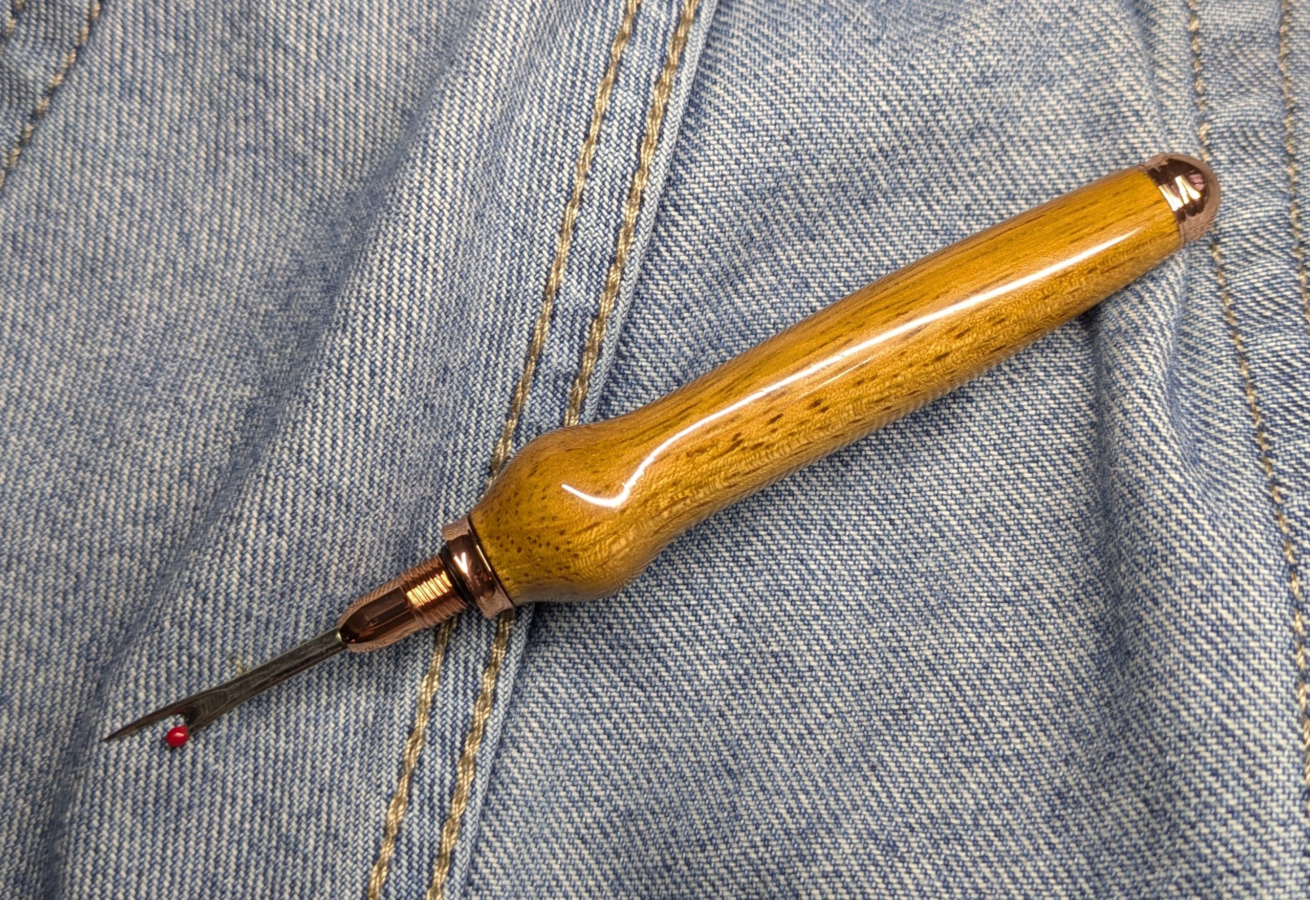 Seam ripper-unpicker made from Iroko with rose gold fittings