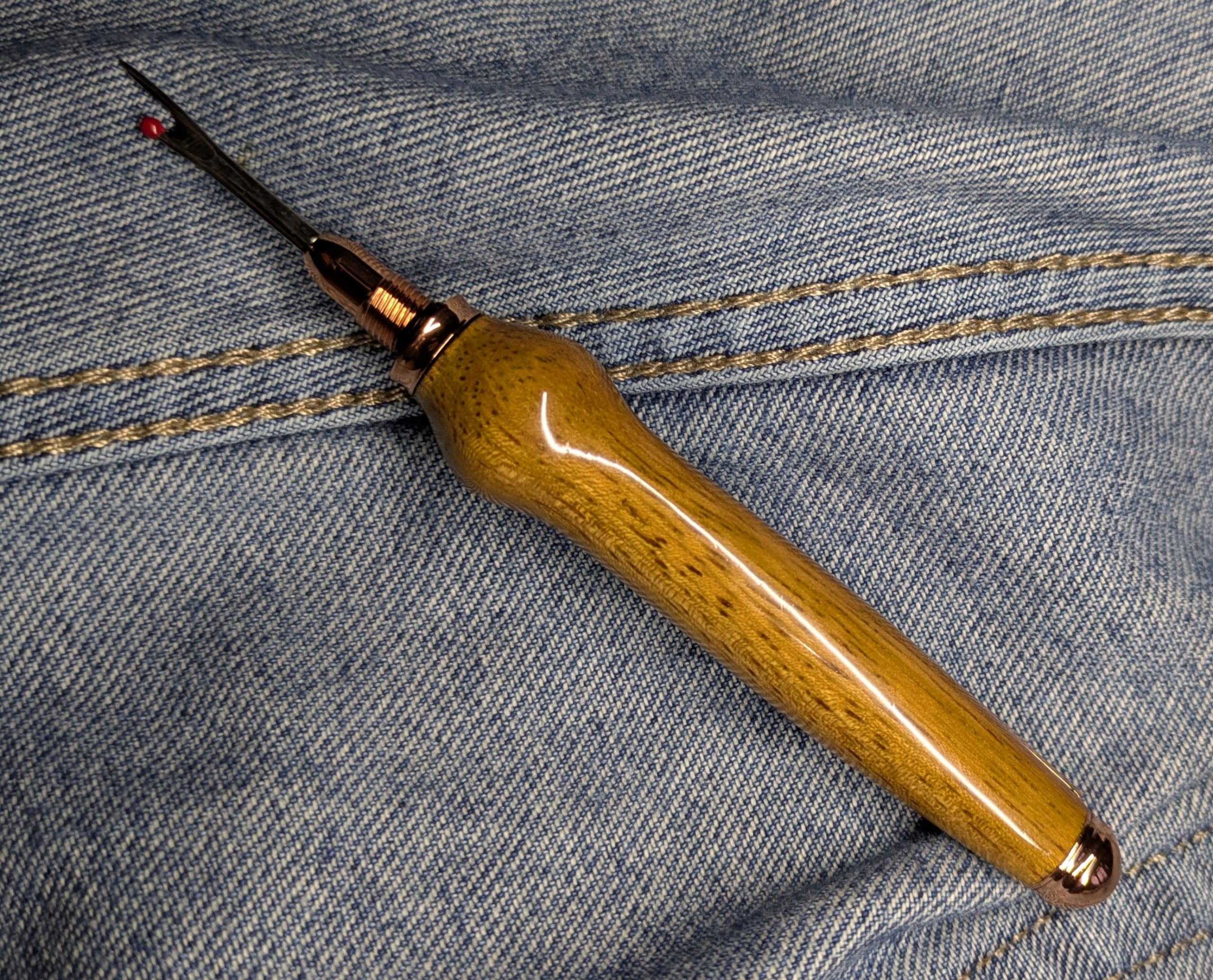 Seam ripper-unpicker made from Iroko with rose gold fittings