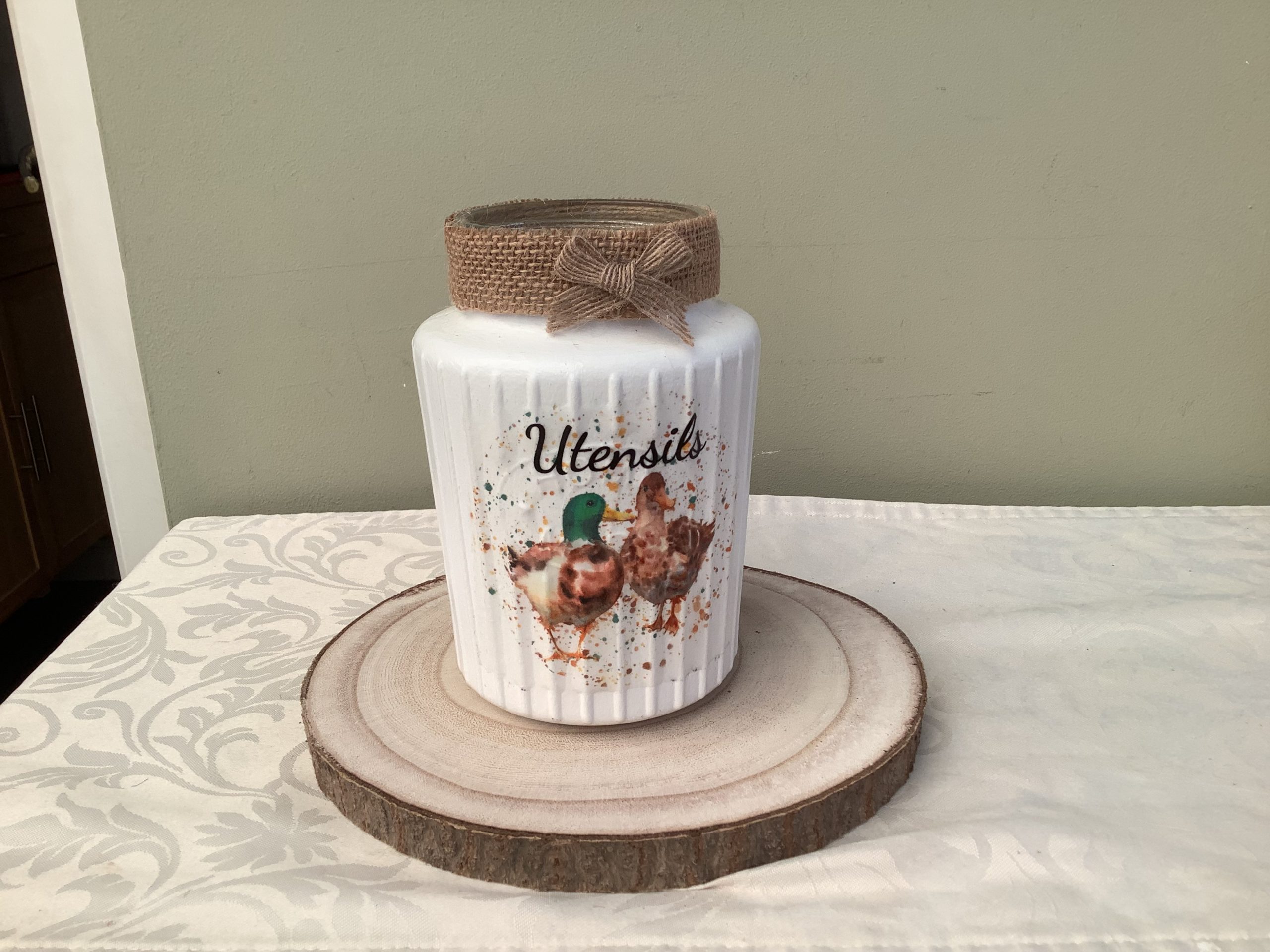 Handmade Decoupaged Glass Jar with Duck Design for Utensils