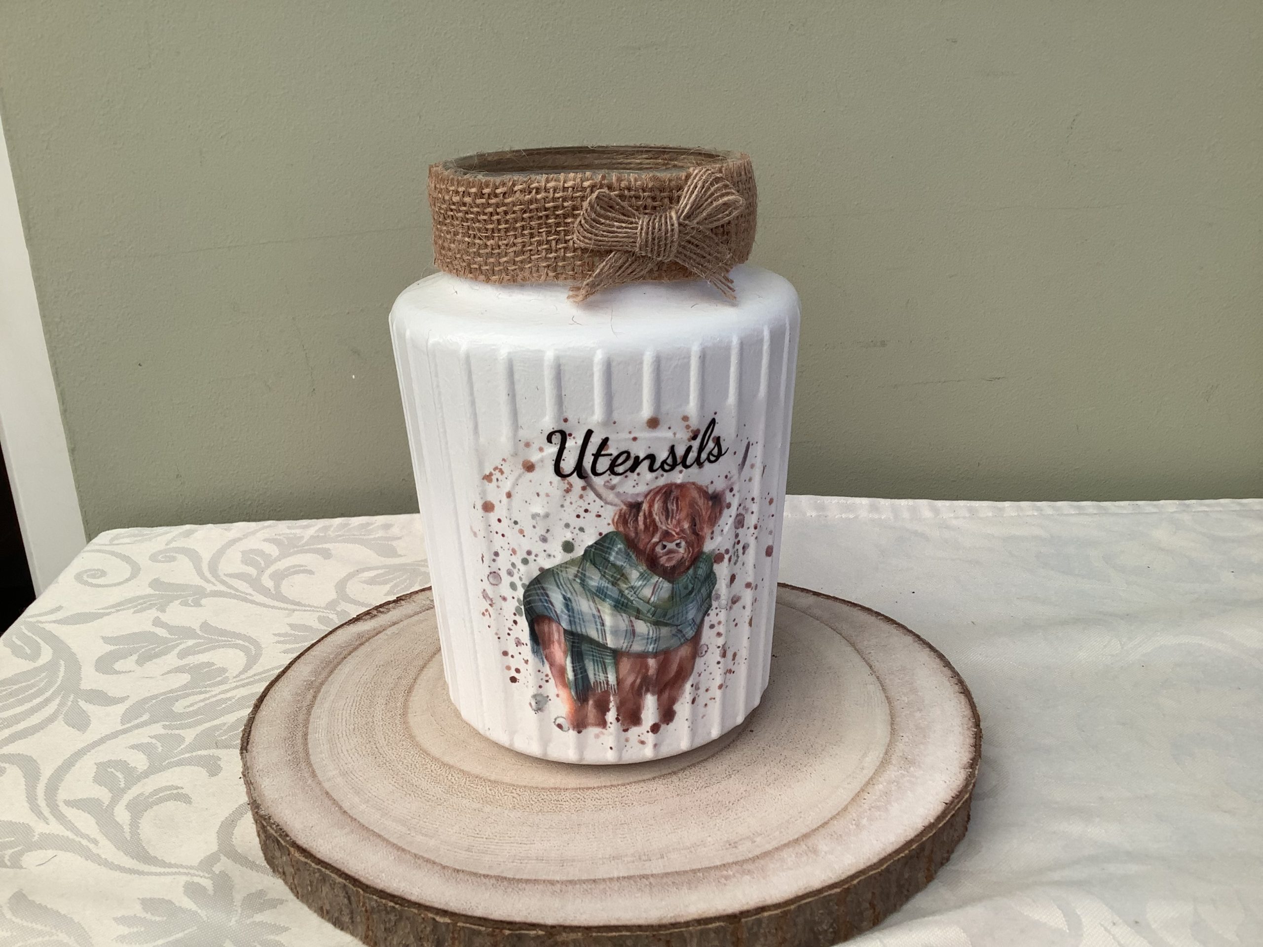Handmade Decoupaged Glass Jar with Highland Cow Design for Utensils
