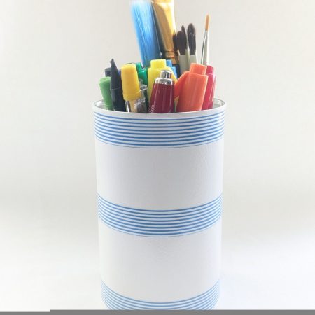 Striped storage tin. Upcycled, hand decorated