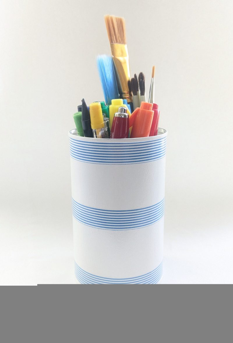 Striped storage tin. Upcycled, hand decorated