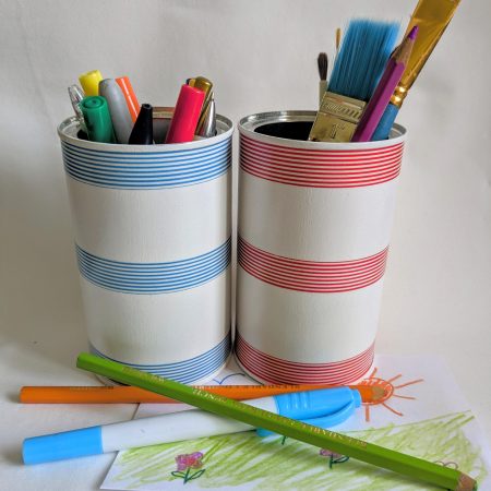 Striped storage tin. Upcycled, hand decorated